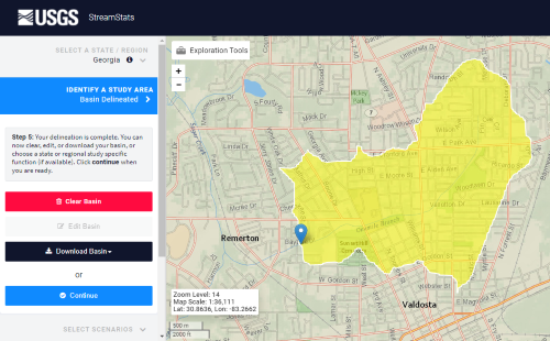 Delineated watershed near Valdosta