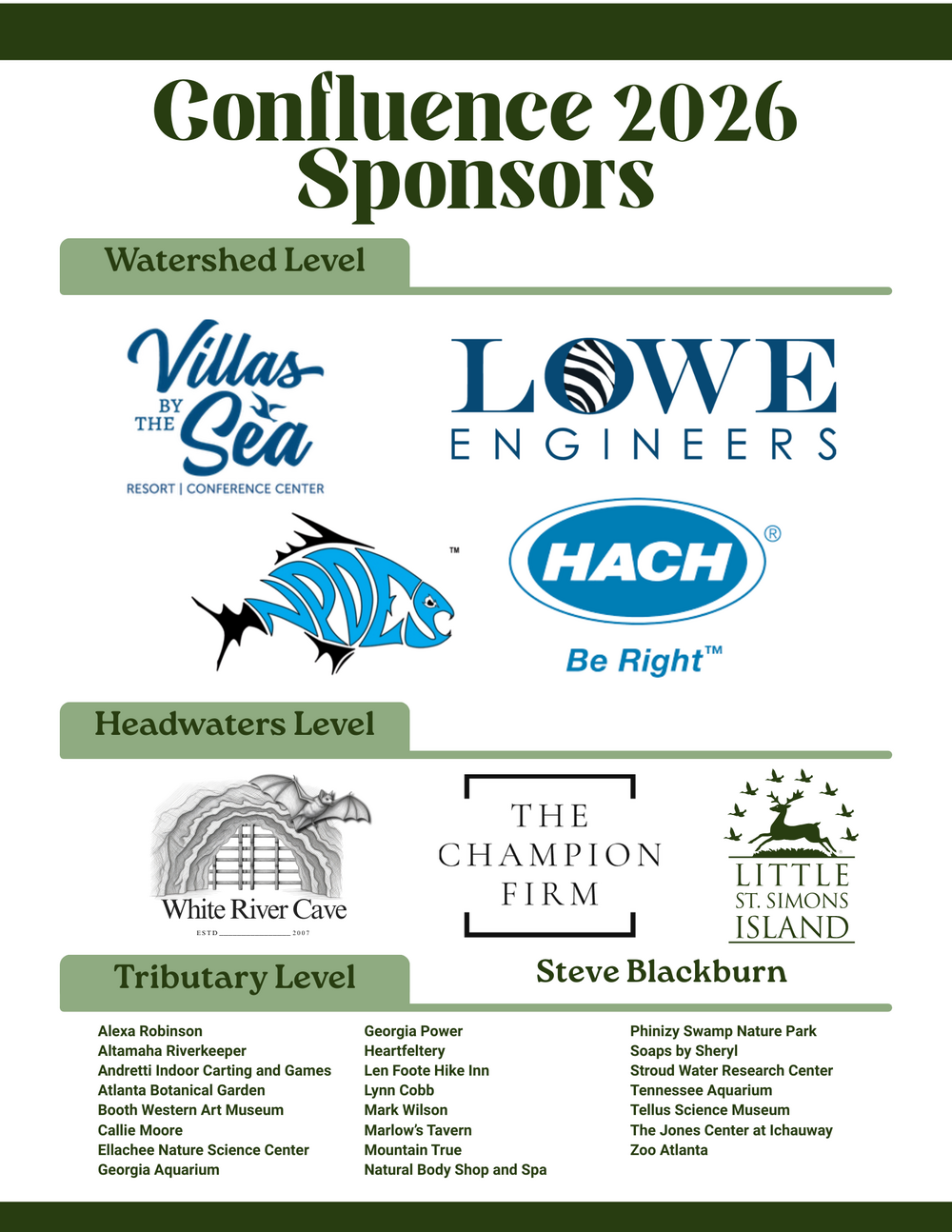 A list of all the sponsors for Confluence 2026, organized by gift level 